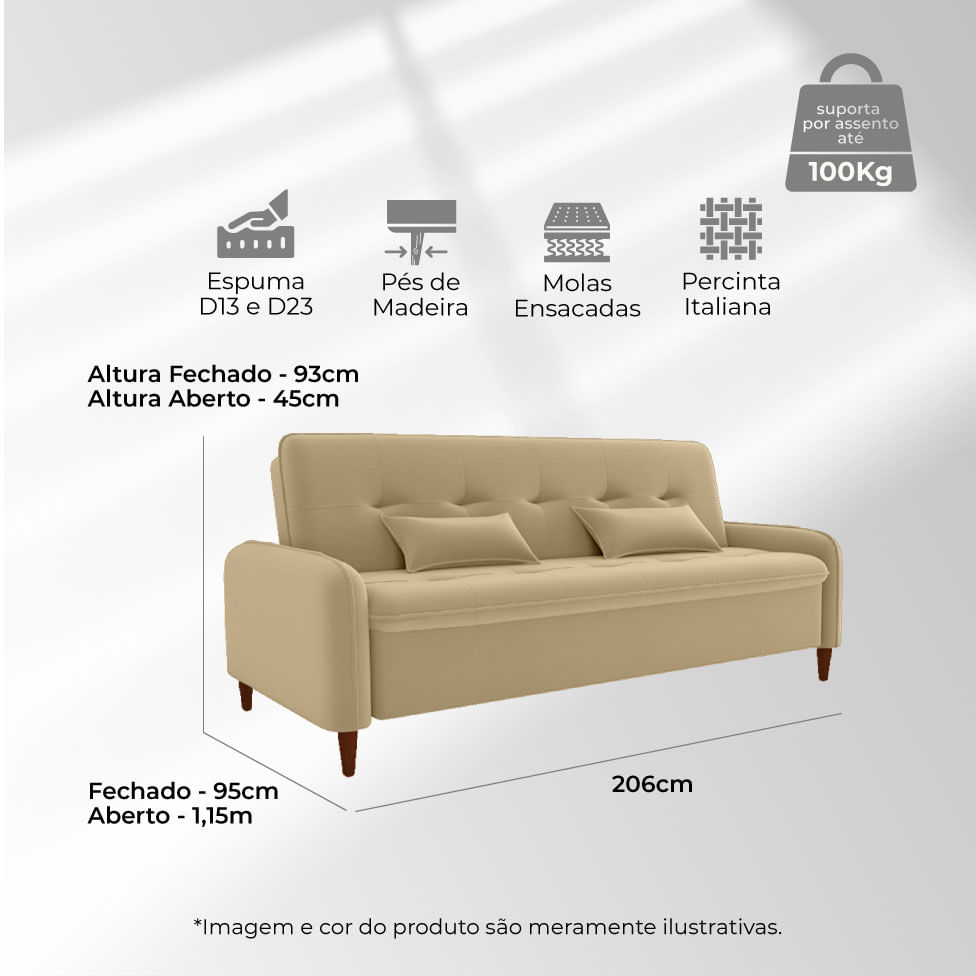 Sofá Cama Donna em Veludo Bege - Imagem 5