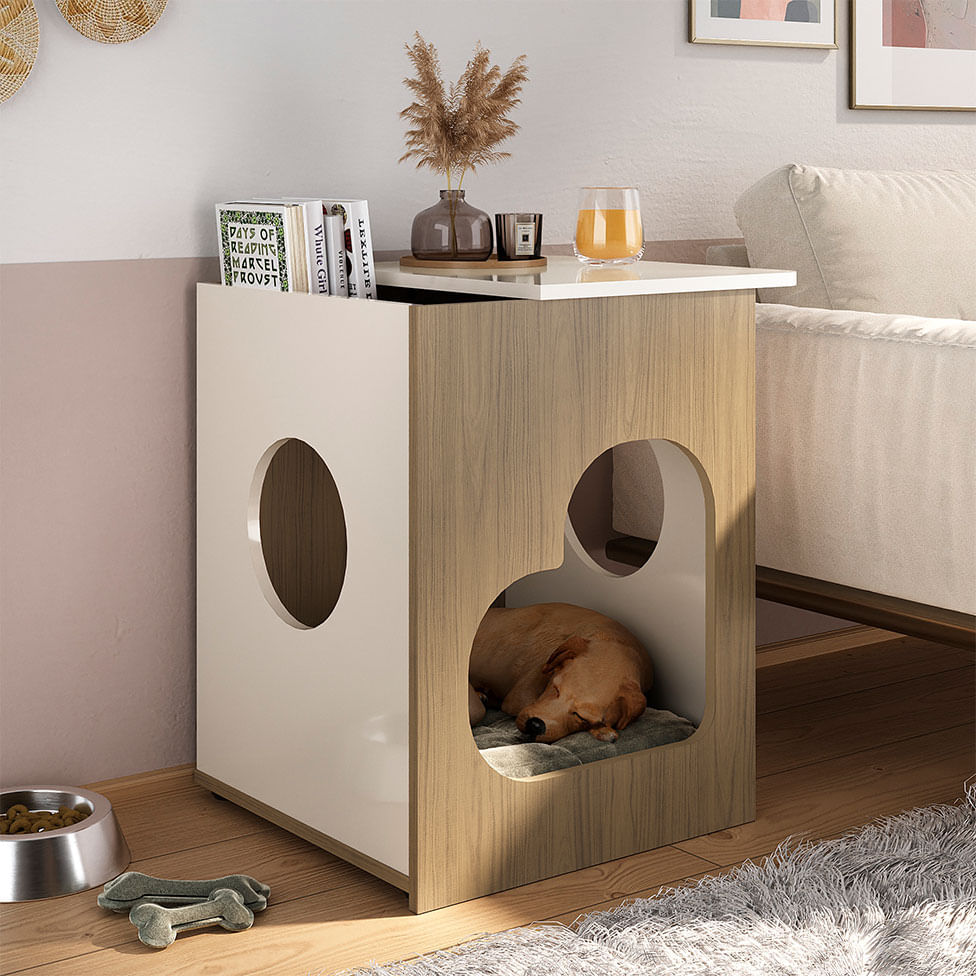Mesa de Apoio com Espaço para Pet Carvalho e Off White - Imagem 5