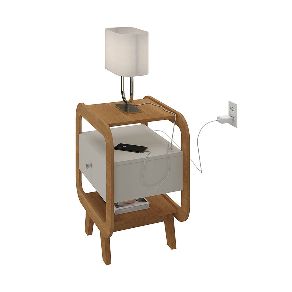 Mesa de Cabeceira e Apoio Theo com USB e 1 Gaveta Cinamomo e Off White - Imagem 2