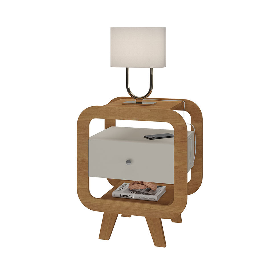 Mesa de Cabeceira e Apoio Theo com USB e 1 Gaveta Cinamomo e Off White - Imagem 3