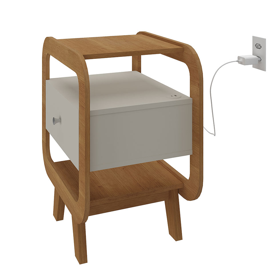Mesa de Cabeceira e Apoio Theo com USB e 1 Gaveta Cinamomo e Off White - Imagem 5