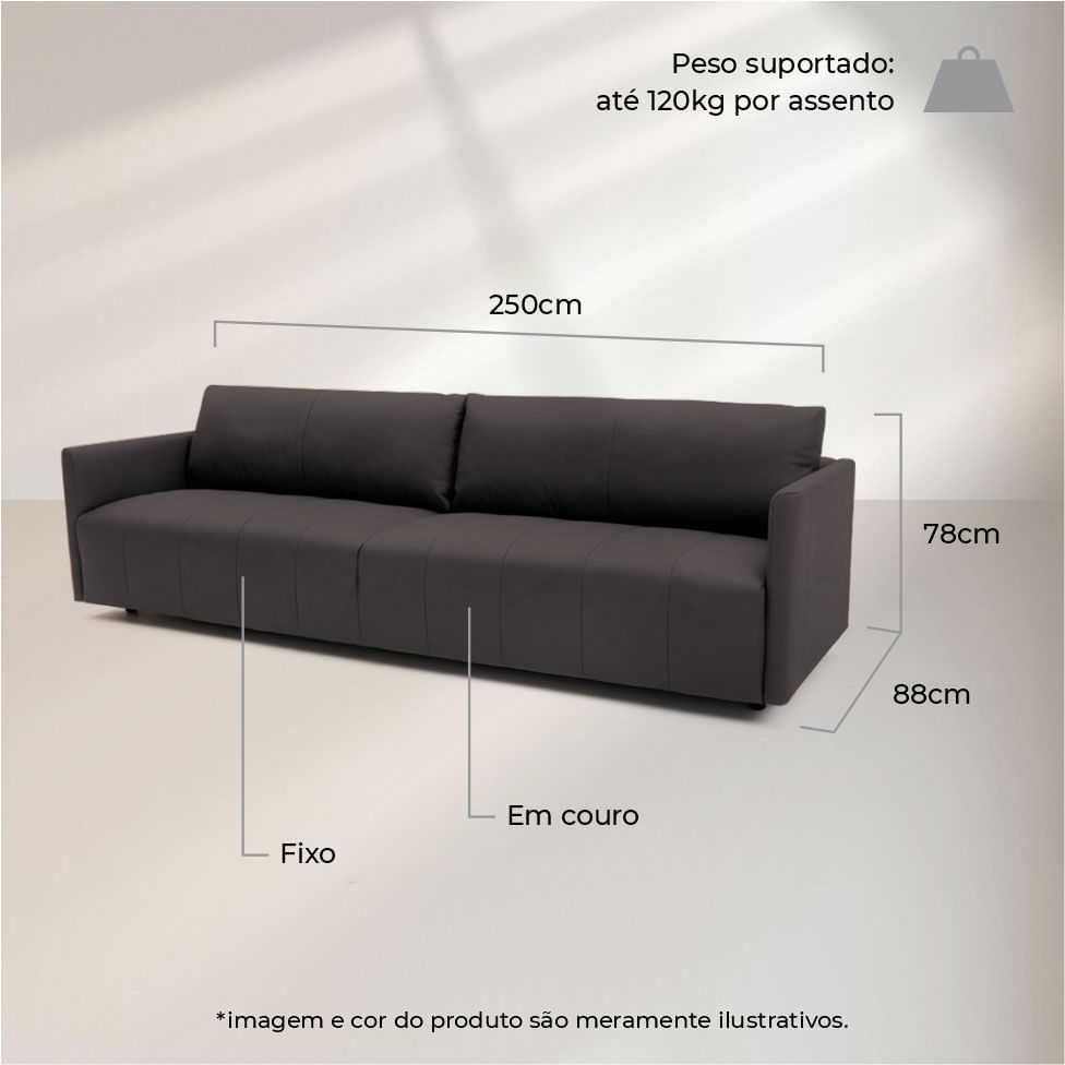 Sofá Martin Fixo em Couro Estonado Cimento 2,50m - Imagem 6