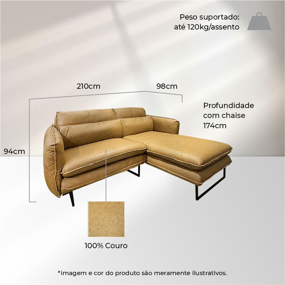 Sofá Cuiaba com Chaise Direita em Couro Crystal Brown 2,10m - Imagem 5