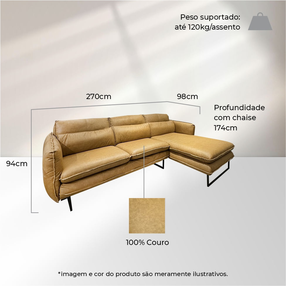 Sofá Cuiaba com Chaise Direita em Couro Crystal Brown 2,70m - Imagem 5