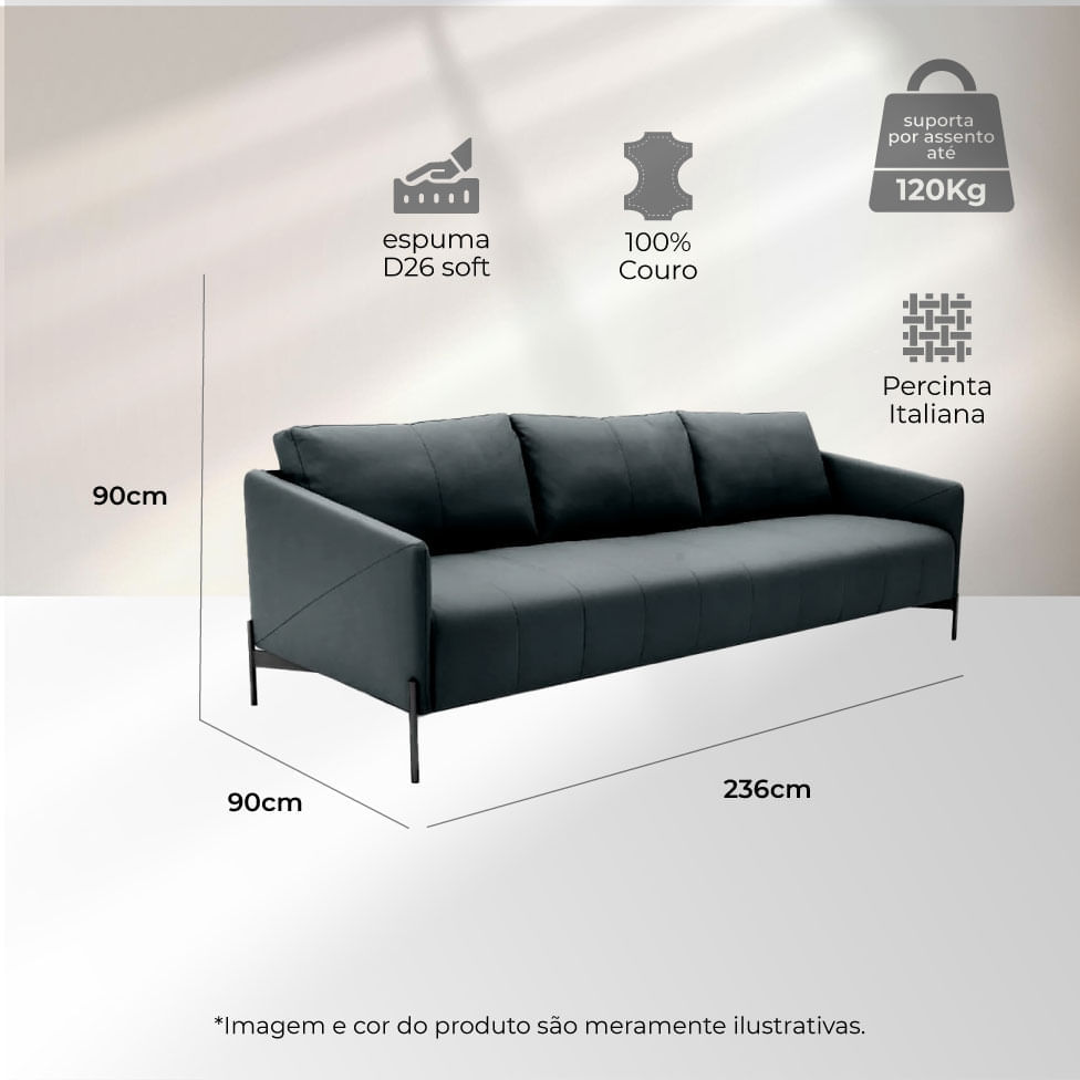 Sofá Santiago em Couro Grano Oliva 2,36m - Imagem 4