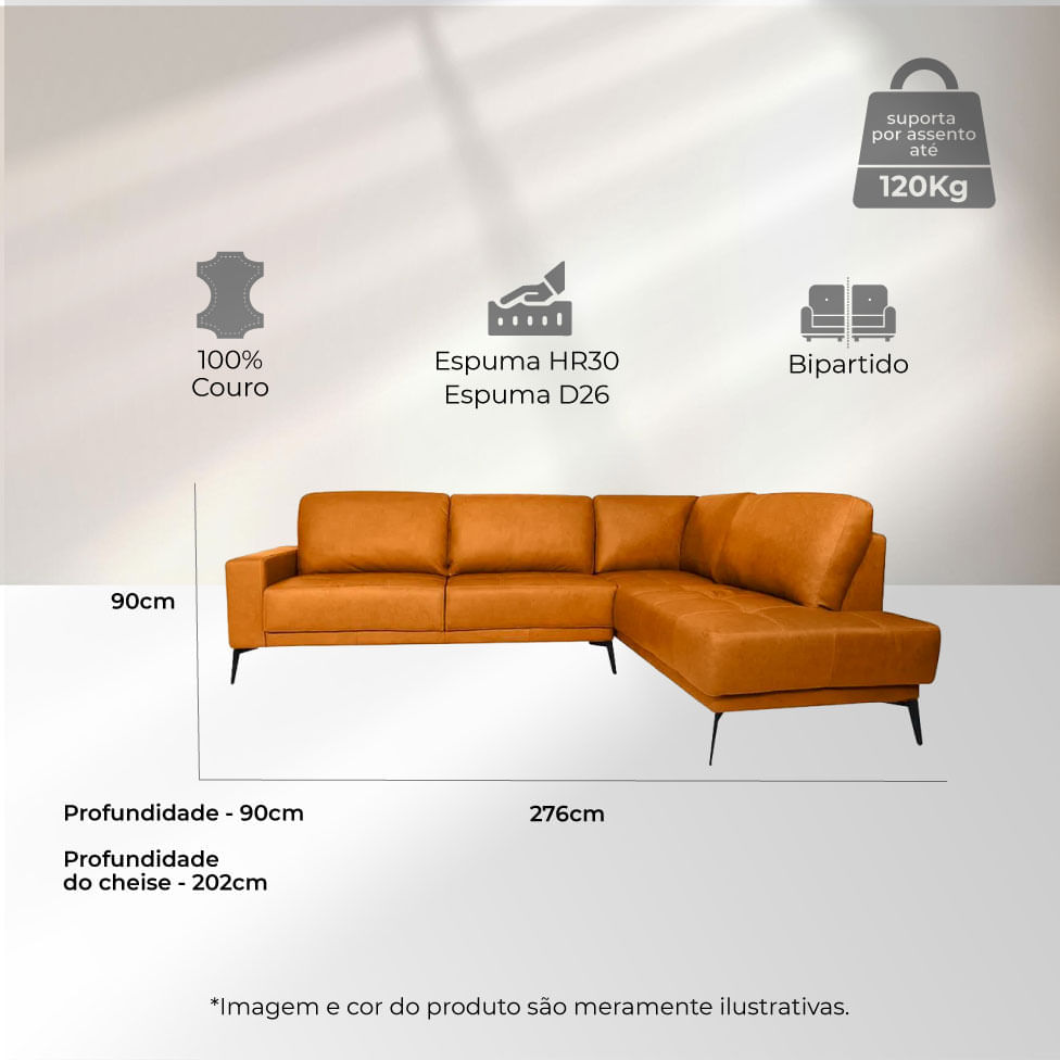 Sofá Rubi com Chaise Direita em Couro Ocean 2,76m - Imagem 3