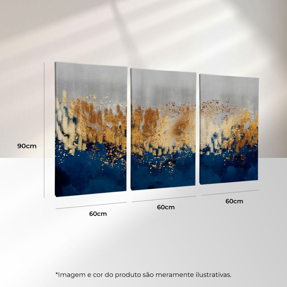 Quadro Decorativo 3 Telas Abstrato Azul e Dourado 60x90 Moldura Preta com vidro - Imagem 3