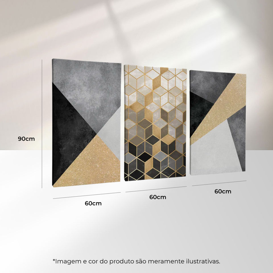 Quadro Decorativo 3 Telas Dourado 60x90 Moldura Preta com vidro - Imagem 3
