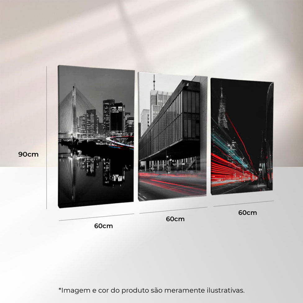 Quadro Decorativo 3 Telas São Paulo Luzes PB 60x90 Moldura Preta com vidro - Imagem 3