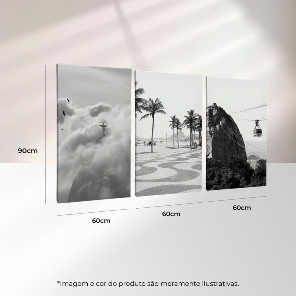 Quadro Decorativo 3 Telas Rio de Janeiro PB 60x90 Moldura Natural com vidro - Imagem 3