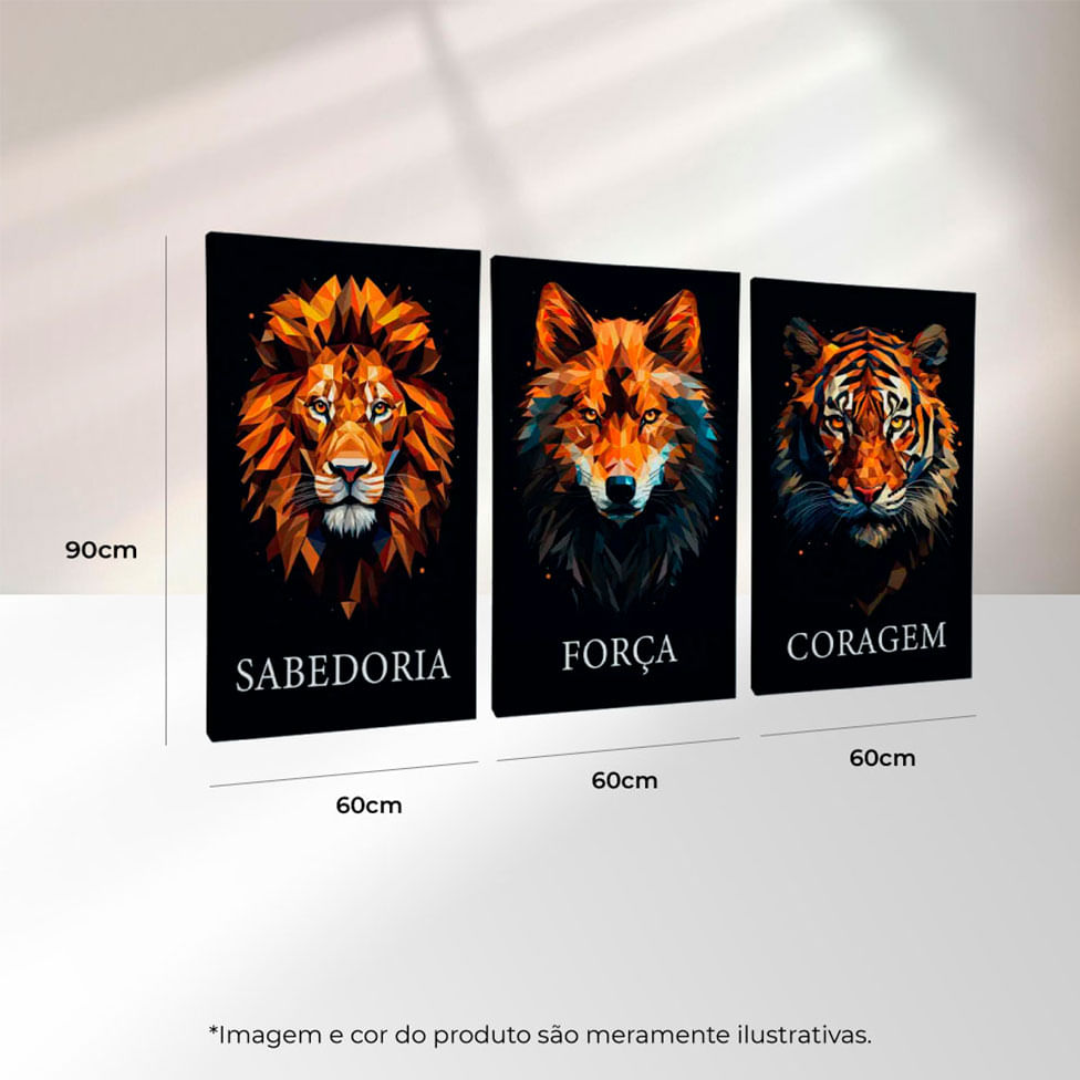 Quadro Decorativo 3 Telas Sabedoria Força Coragem 60x90 Moldura Preta com vidro - Imagem 3