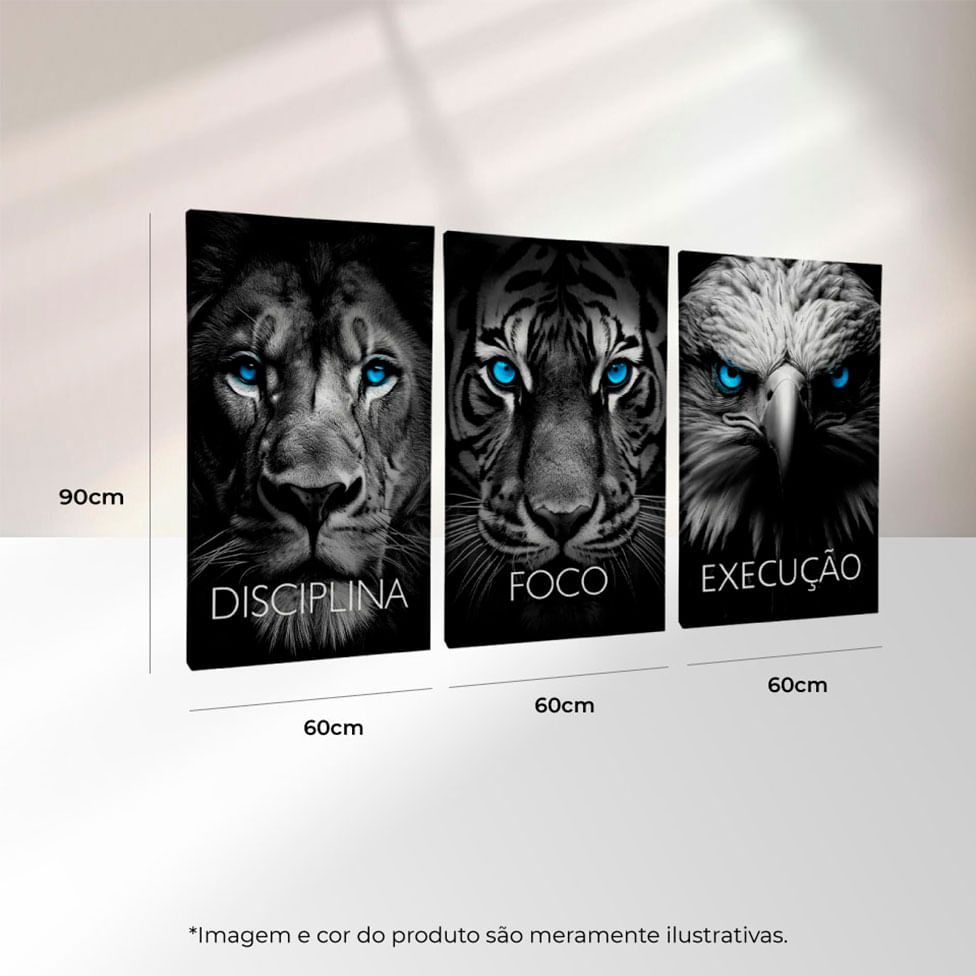 Quadro Decorativo 3 Telas Animais Disciplina Foco Execução Rosto Animais Leão Tigre Águia 60x90 Moldura Preta com vidro - Imagem 3