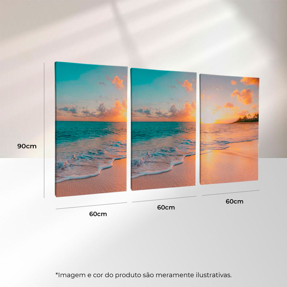 Quadro Decorativo 3 Telas Paisagem Mar Praia Por do Sol 60x90 Moldura Natural com vidro - Imagem 3