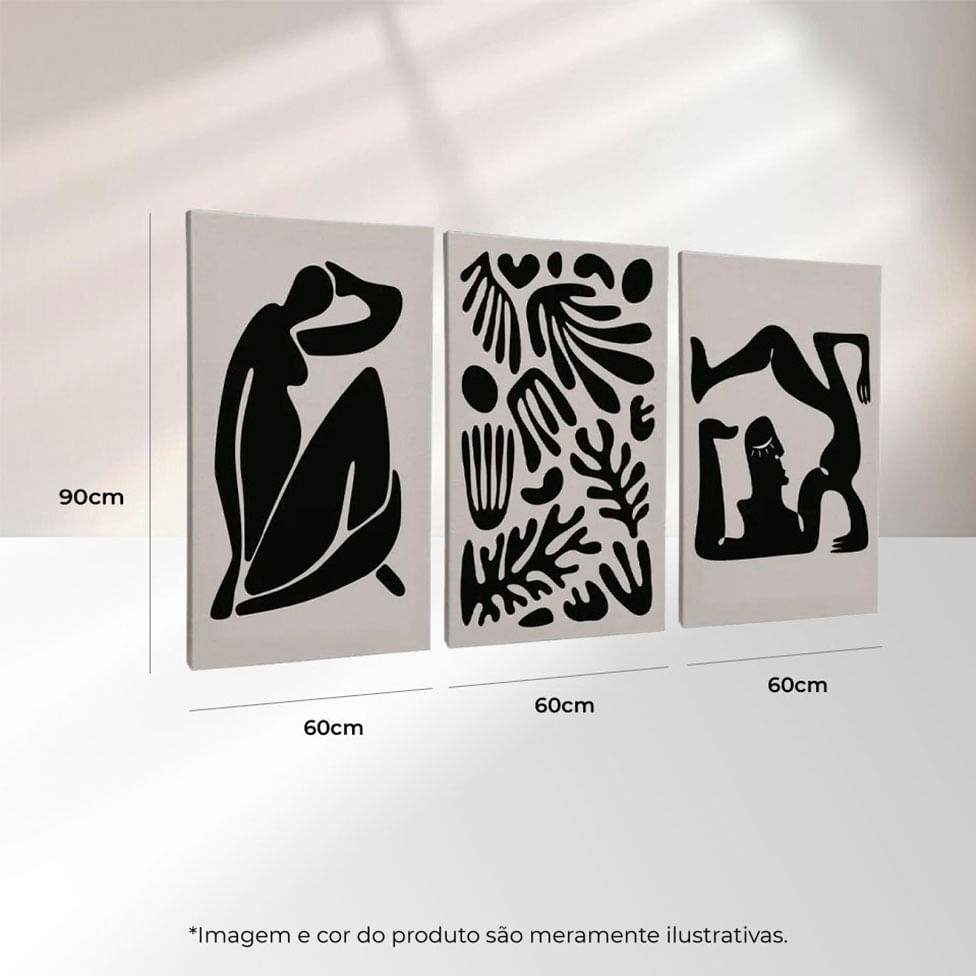 Quadro Decorativo 3 Telas Henry Matisse Escultura PB 60x90 Moldura Branca com vidro - Imagem 3