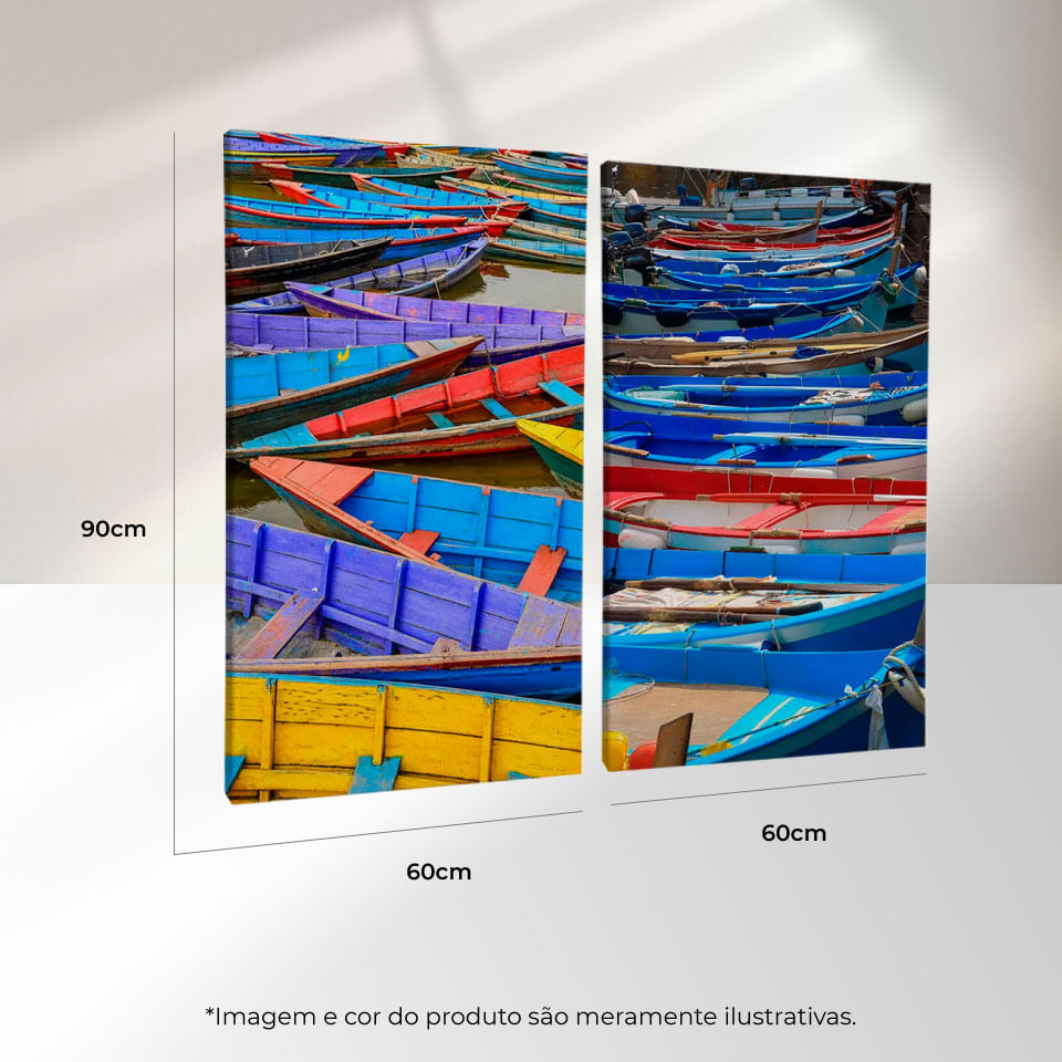 Quadro Decorativo 2 Telas Paisagem Barcos Coloridos 60x90 Moldura Preta com vidro - Imagem 3