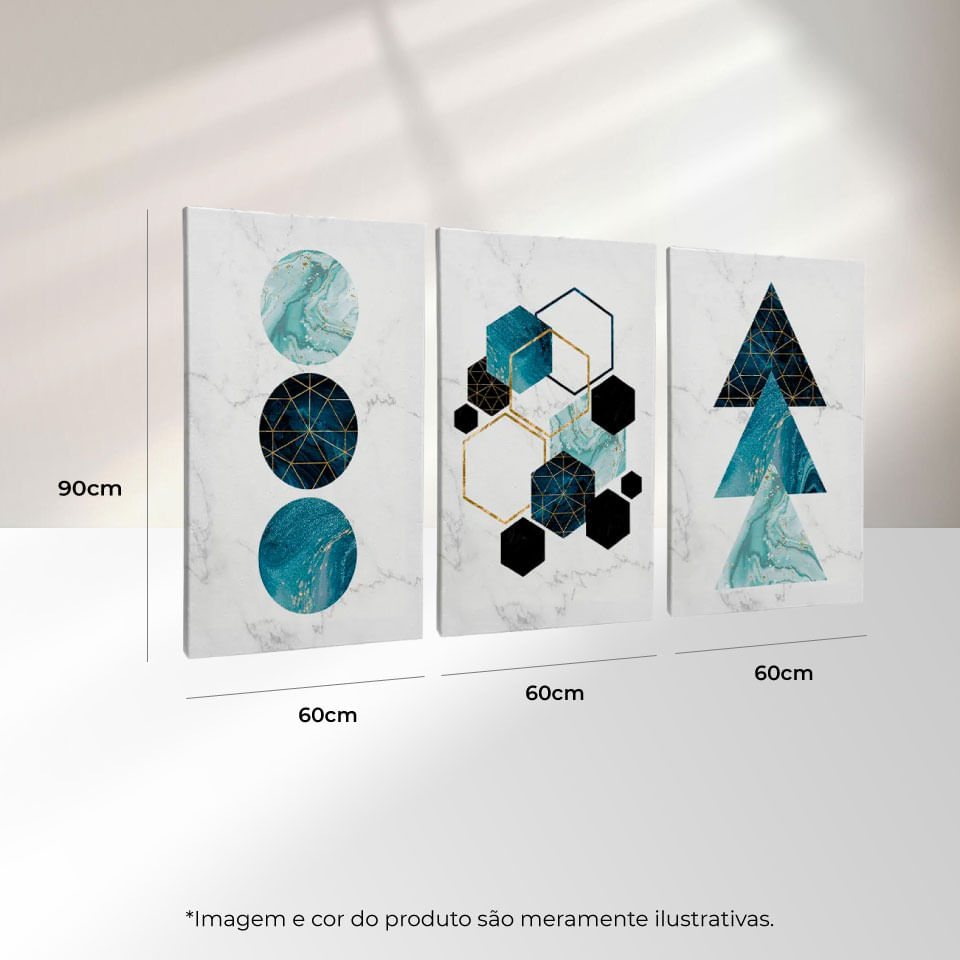 Quadro Decorativo 3 Telas Geométrico Azul II 60x90 Moldura Preta com vidro - Imagem 3