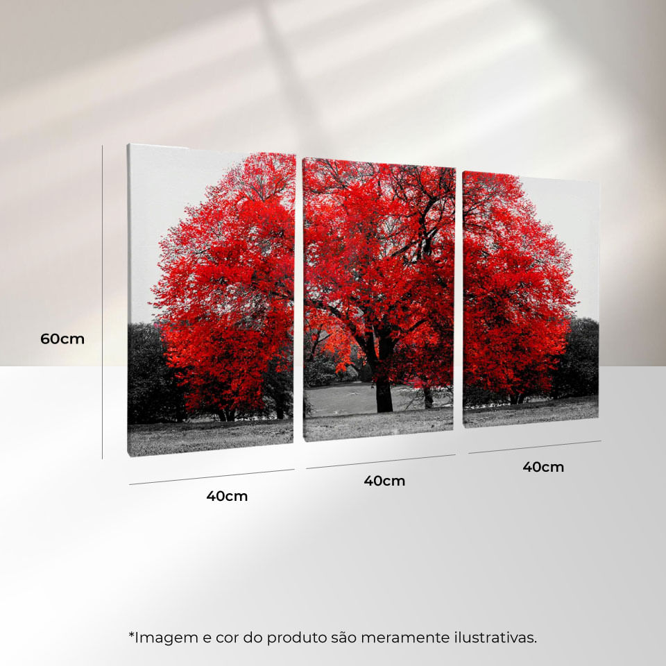 Quadro Decorativo 3 Telas Natureza Árvore Vermelha 40X60 Moldura Preto sem vidro - Imagem 3