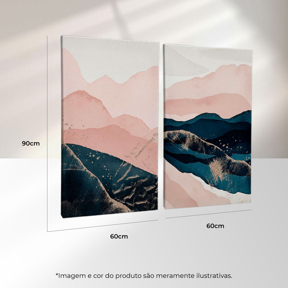 Quadro Decorativo 2 Telas Abstrato Montanhas Azul e Rosa 60x90 Moldura Preta com vidro - Imagem 3