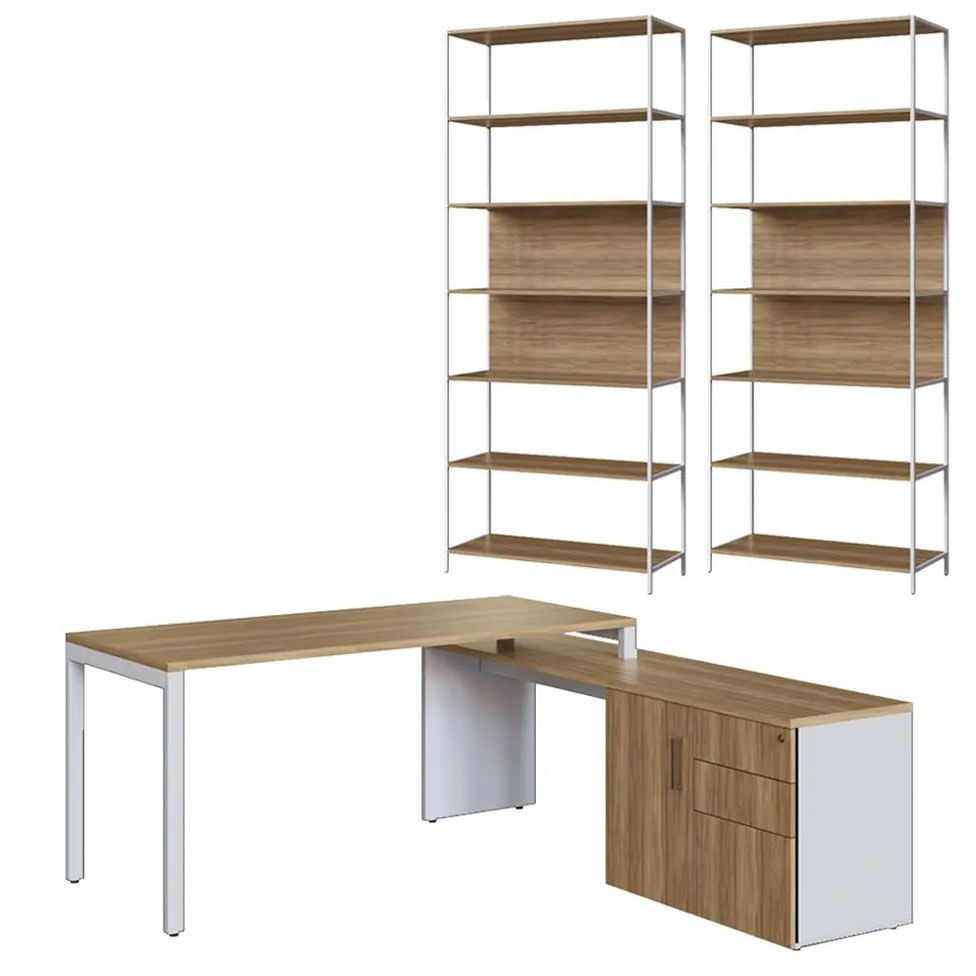 Conjunto Office com Escrivaninha para Escritório 4 Peças Nogal e Branco