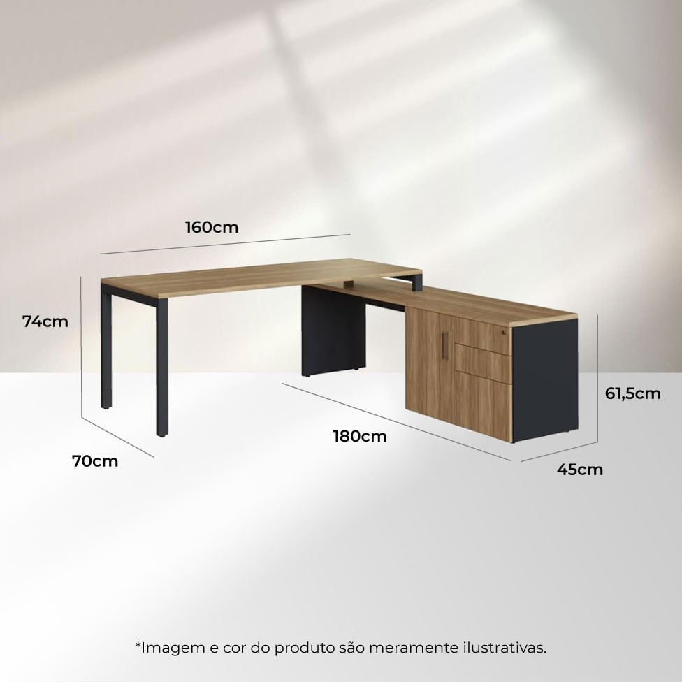 Escrivaninha para Escritório Home Office Concept com Balcão 1 Porta 3 Gavetas Nogal e Preto - Imagem 3