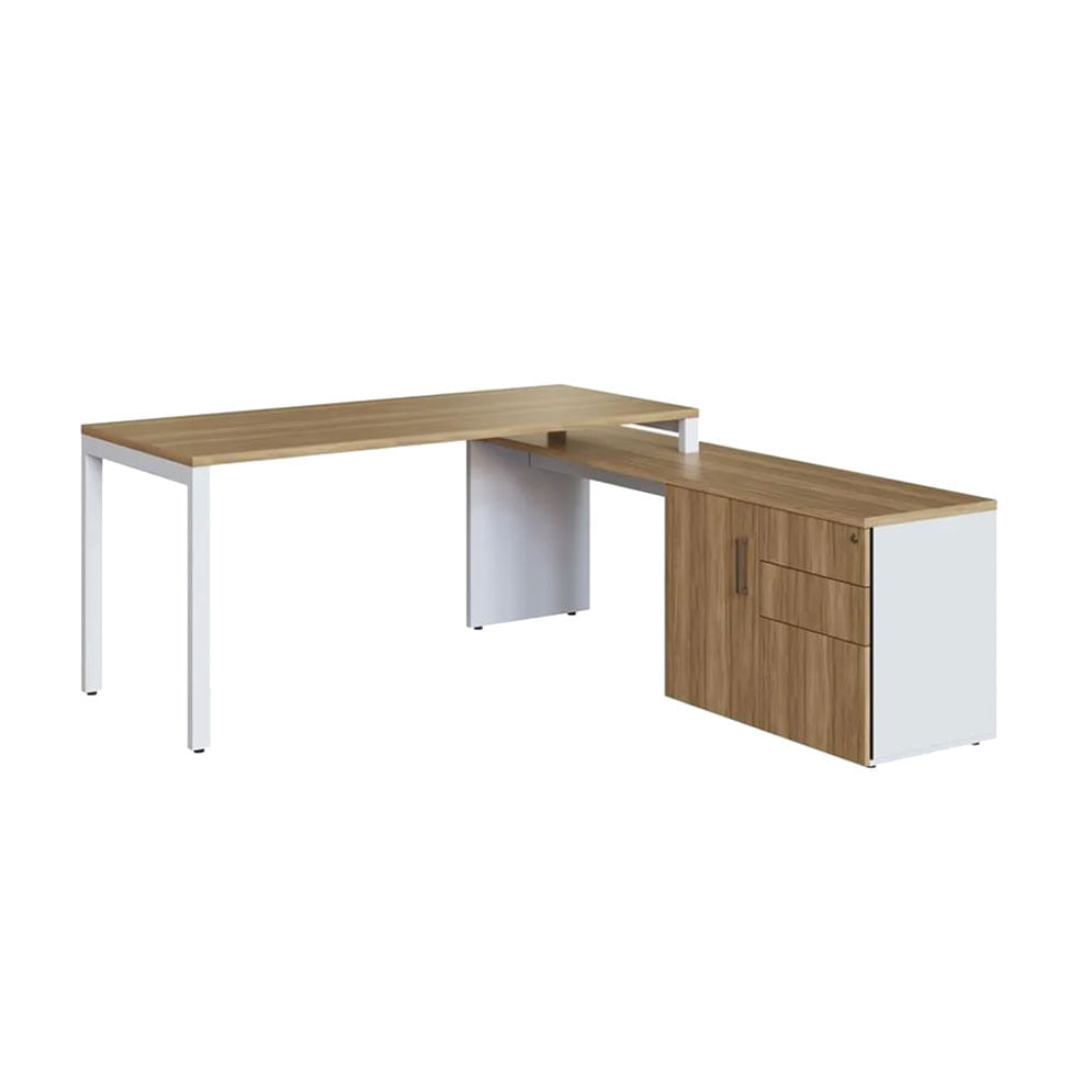 Escrivaninha para Escritório Home Office Concept com Balcão 1 Porta 3 Gavetas Nogal e Branco
