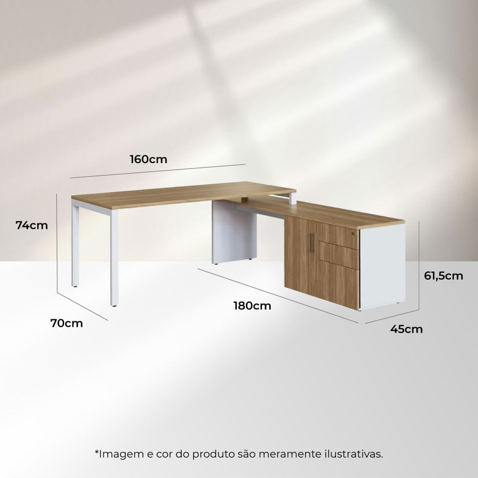 Escrivaninha para Escritório Home Office Concept com Balcão 1 Porta 3 Gavetas Nogal e Branco - Imagem 3