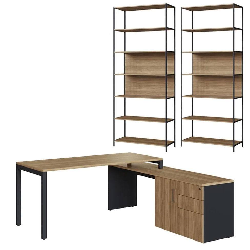 Conjunto Office com Escrivaninha para Escritório 4 Peças Nogal e Preto