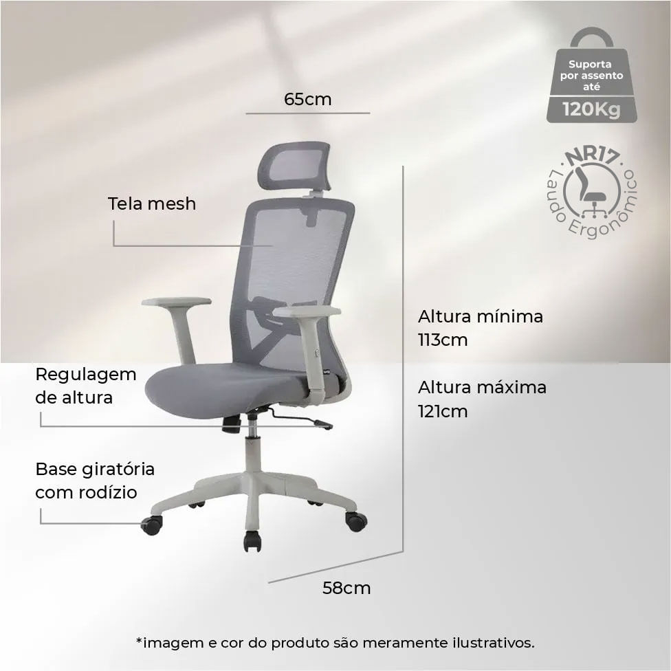 Cadeira Office Dalla Tela Mesh com Apoio de Cabeça e Braço Cinza Base Rodízio Nylon - Imagem 5