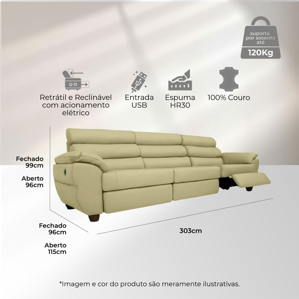 Sofá Tulsa Retrátil em Couro Taupe 3,03m - Imagem 3