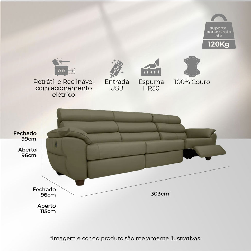 Sofá Tulsa Retrátil em Couro Cinza 3,03m - Imagem 3