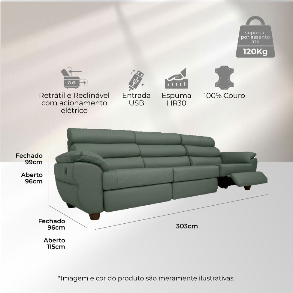 Sofá Tulsa Retrátil em Couro Azul Blue 3,03m - Imagem 3