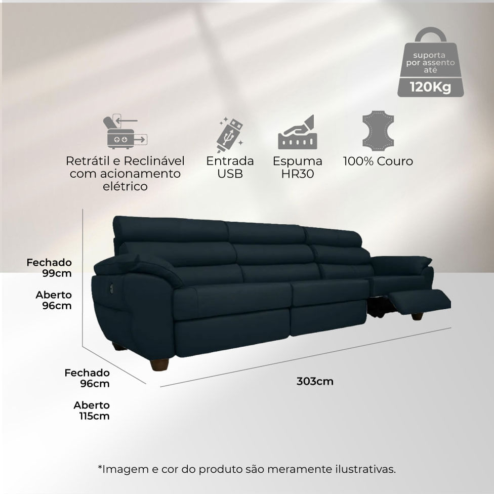 Sofá Tulsa Retrátil em Couro Azul Blue 3,03m - Imagem 3