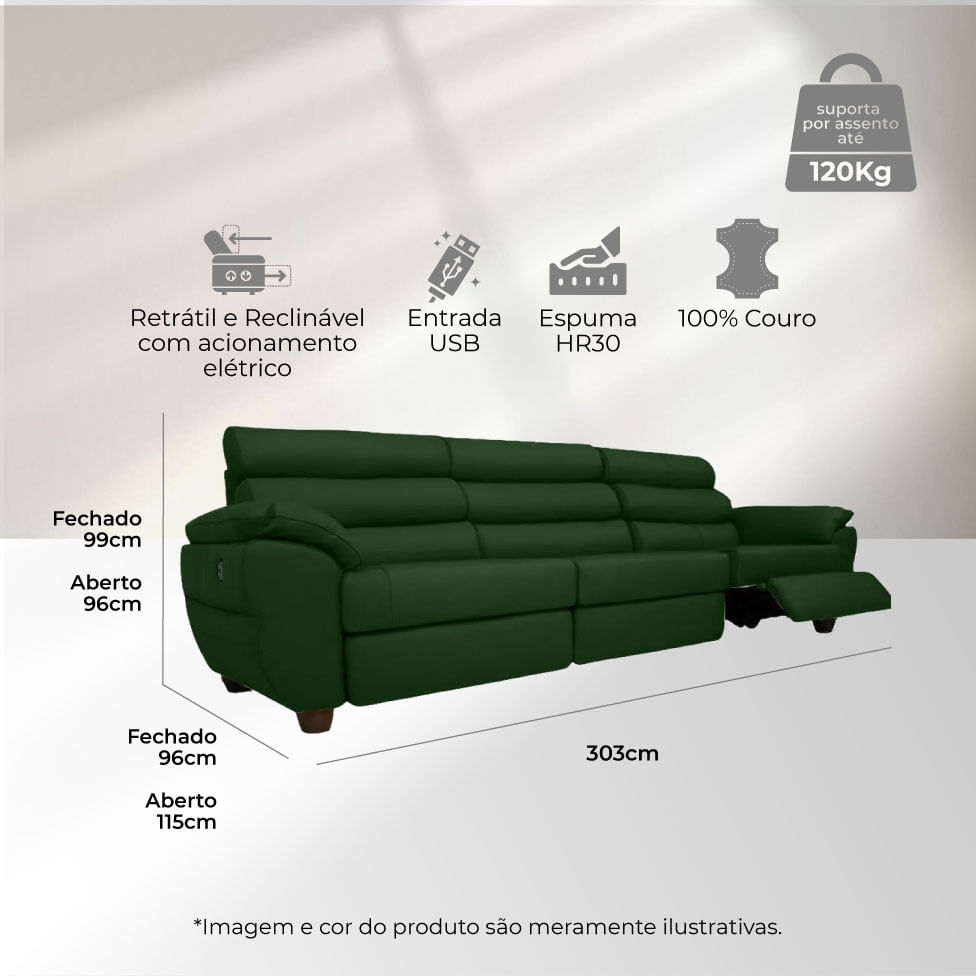 Sofá Tulsa Retrátil em Couro Verde Green 3,03m - Imagem 3