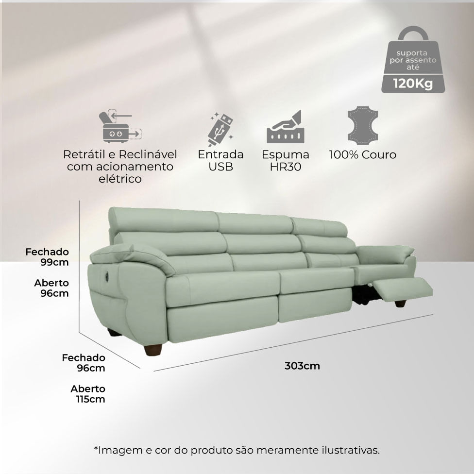 Sofá Tulsa Retrátil em Couro Azul Ligth 3,03m - Imagem 3