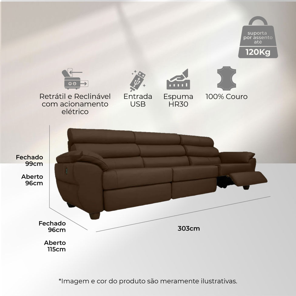 Sofá Tulsa Retrátil em Couro Café 3,03m - Imagem 3