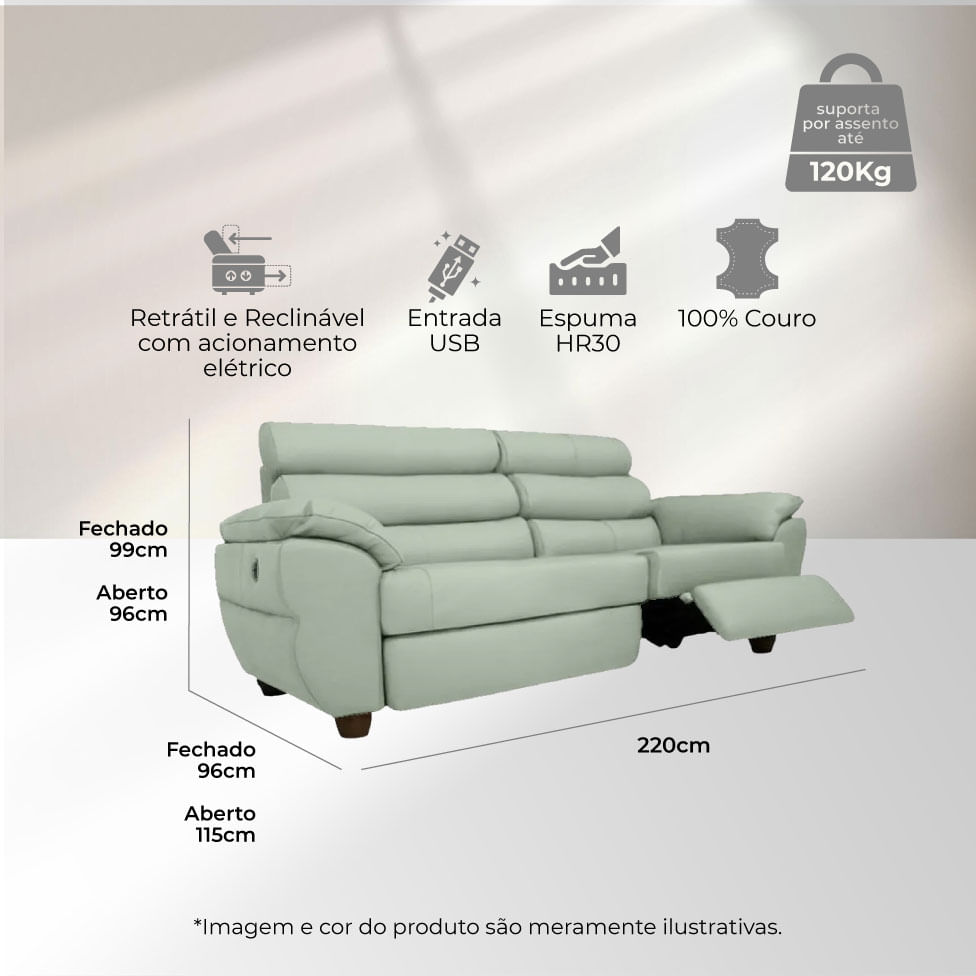 Sofá Tulsa Retrátil em Couro Azul Light 2,22m - Imagem 3