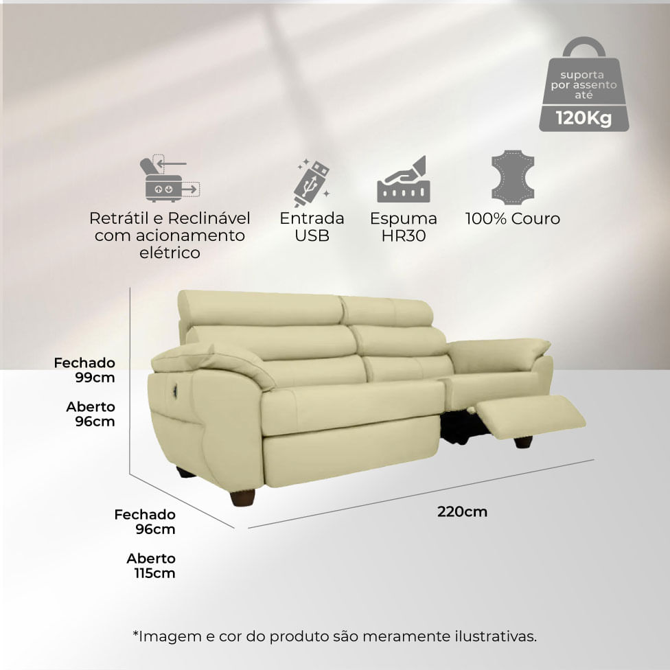 Sofá Tulsa Retrátil em Couro Off White 2,22m - Imagem 3