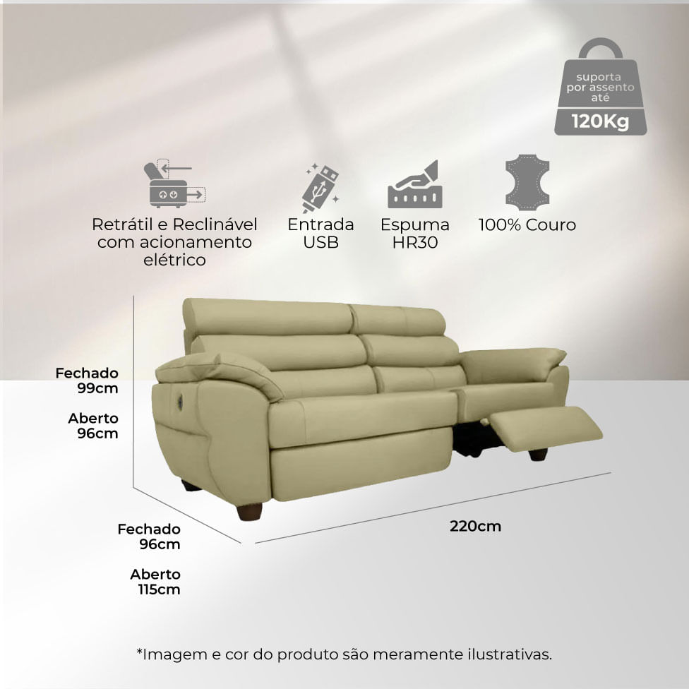 Sofá Tulsa Retrátil em Couro Avelã 2,22m - Imagem 3