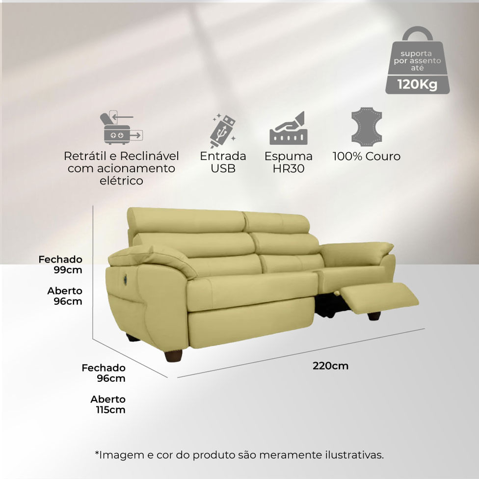Sofá Tulsa Retrátil em Couro Bege 2,22m - Imagem 3