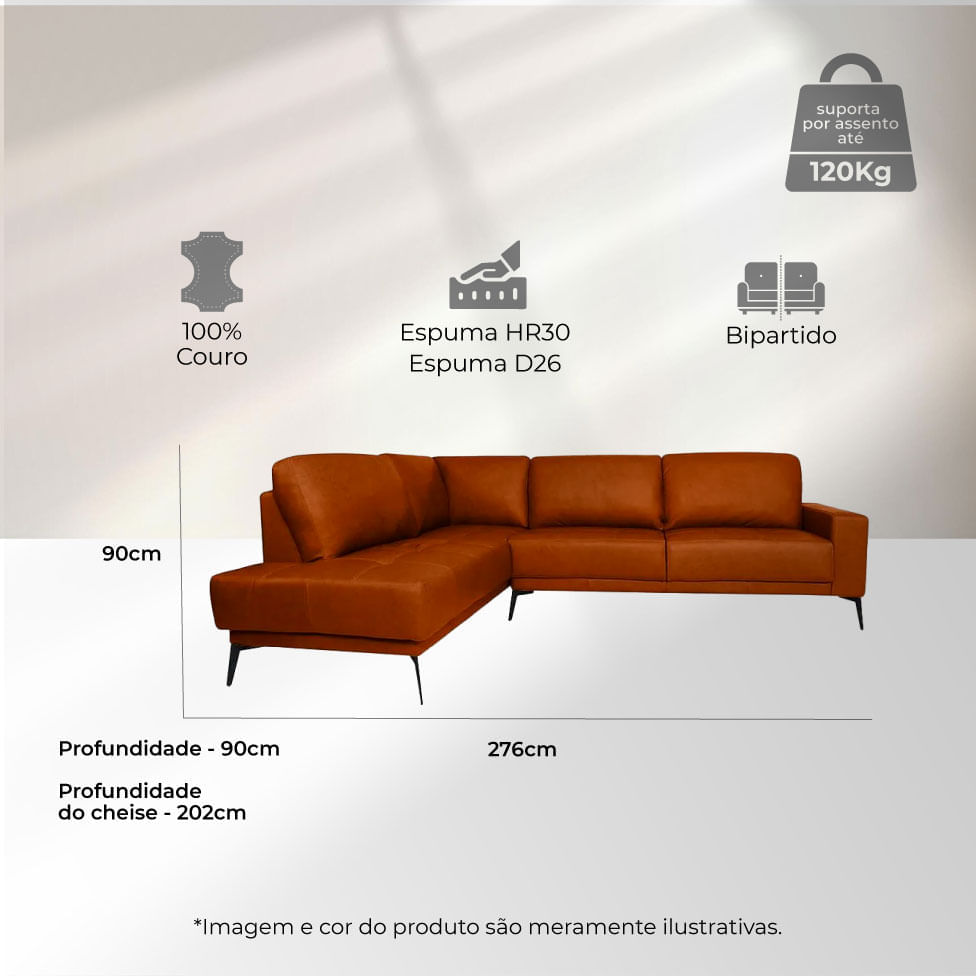 Sofá Rubi com Chaise Esquerda em Couro Conhaque 2,76m - Imagem 3