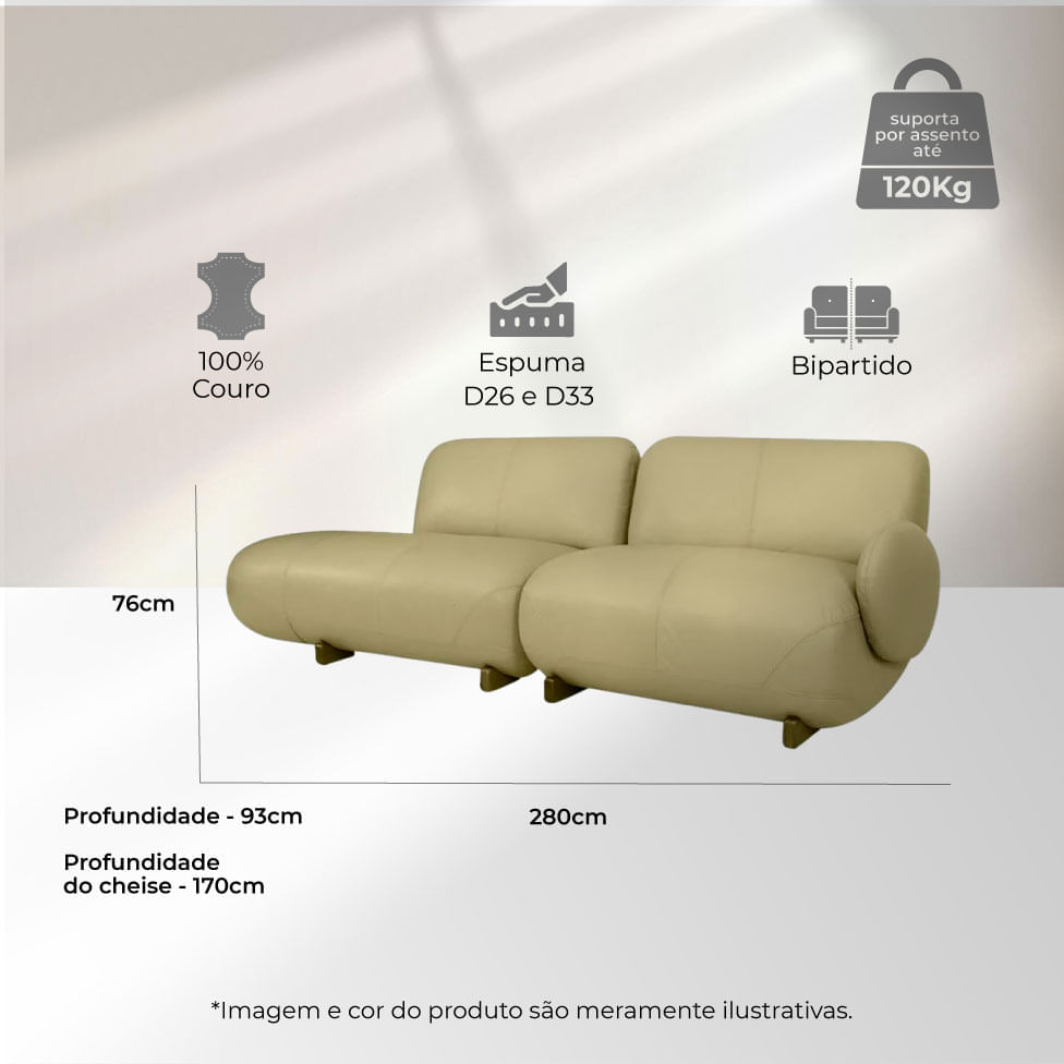 Sofá Onix com Chaise Esquerda em Couro Taupe 2,80m - Imagem 5