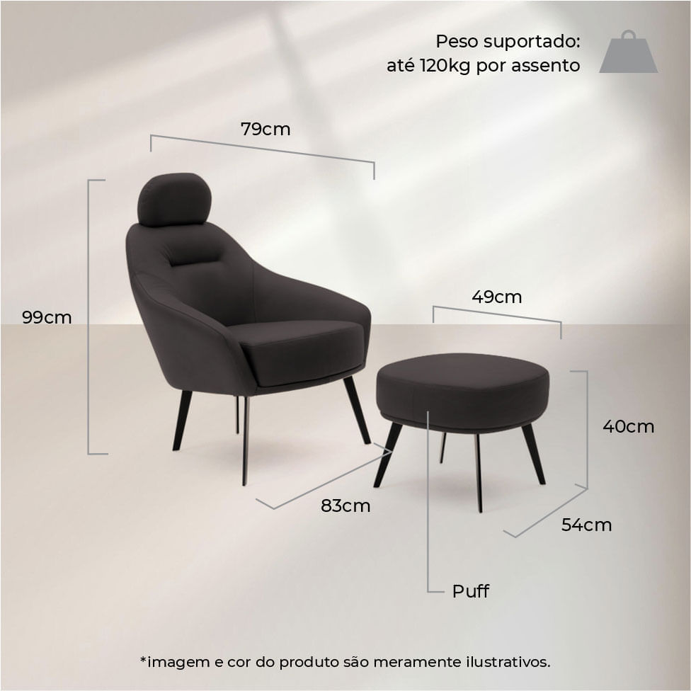 Poltrona Siena com Puff em Couro Estonado Cimento Base Preta - Imagem 5