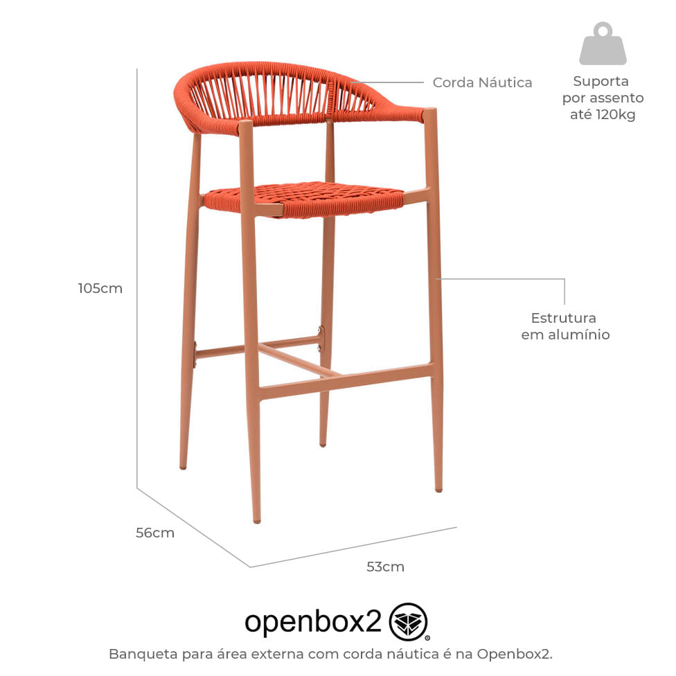 Banqueta Alta Trancoso Castanho Claro com Corda Náutica Terracota - Imagem 6