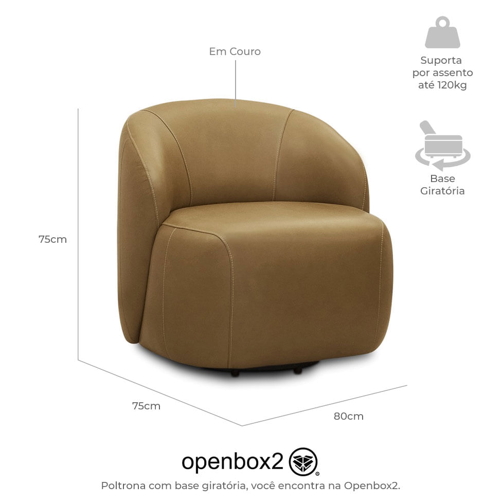Poltrona Lecce com Base Giratória em Couro Mel - Imagem 6