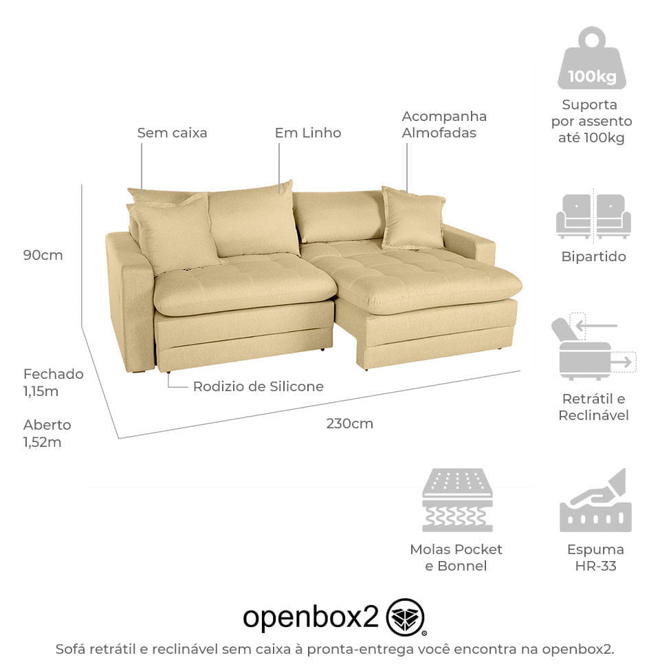 Sofá Beirute Retrátil com Pillow Top em Linho Bege 2,30m - Imagem 5