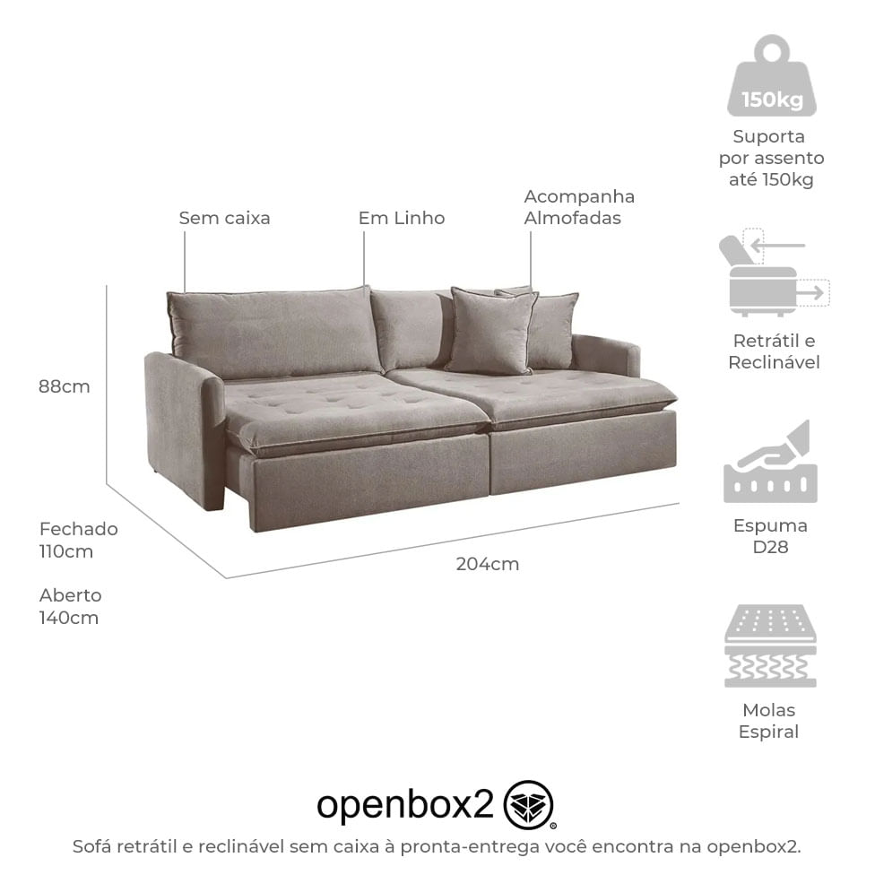 Sofá Texas Retrátil e Reclinável sem Caixa em Linho Cinza 2,04m - Imagem 4