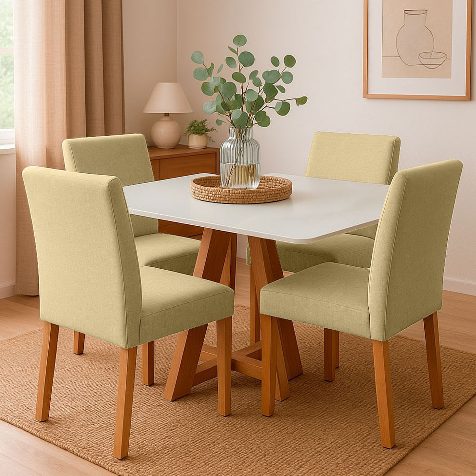 Conjunto Mesa de Jantar Barcelona Off White com 4 Cadeiras em Linho Bege