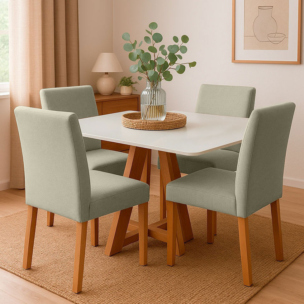 Conjunto Mesa de Jantar Barcelona Off White com 4 Cadeiras em Linho Cinza