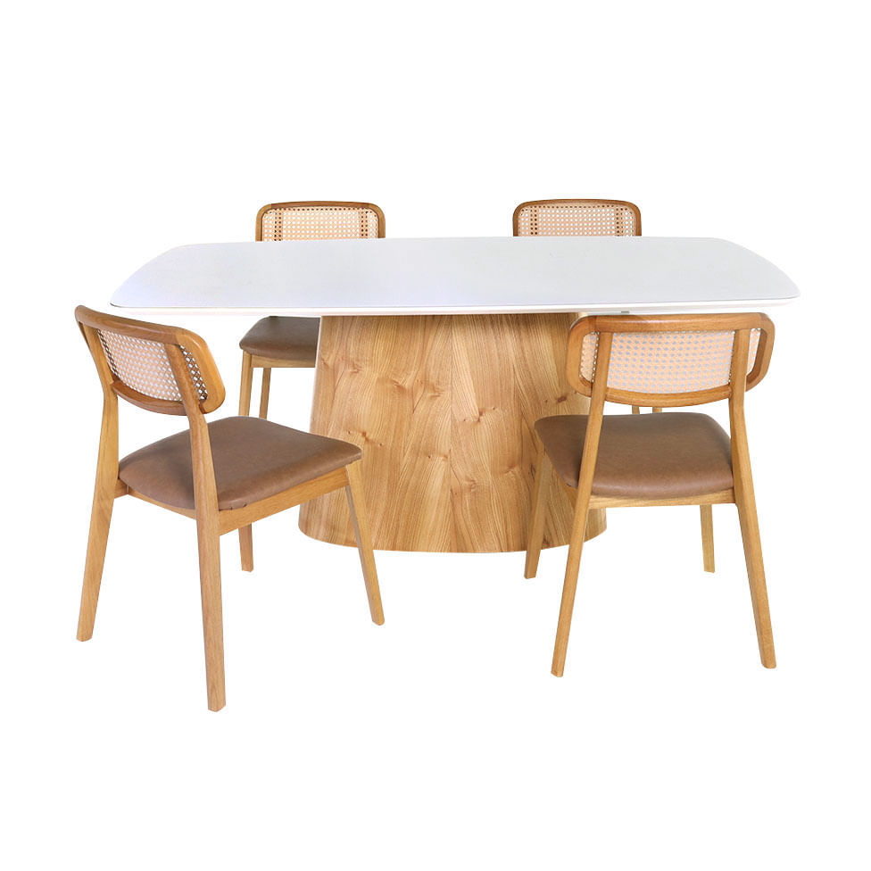 Conjunto Mesa de Jantar Duna Tampo de Vidro e 4 Cadeiras Duna em Courino Caramelo