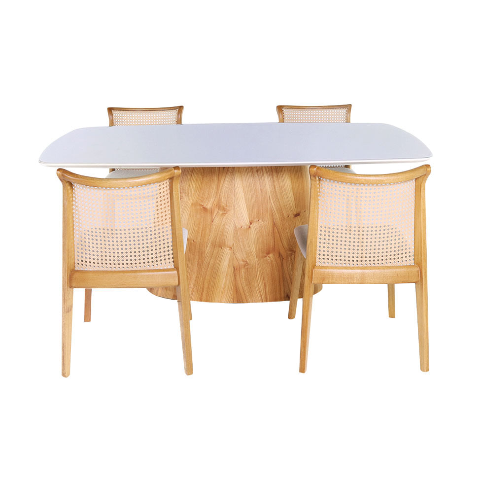 Conjunto Mesa de Jantar Duna Tampo de Vidro e 4 Cadeiras Sellenium em Linho Cru